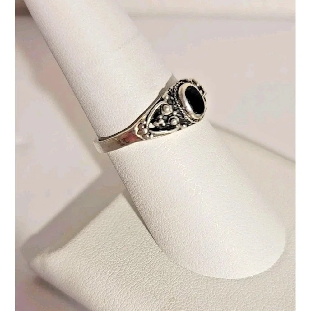 Sterling Silver 925 Onyx Ring Size 7 Black Stone Marquise Band Boho Jewelry‎